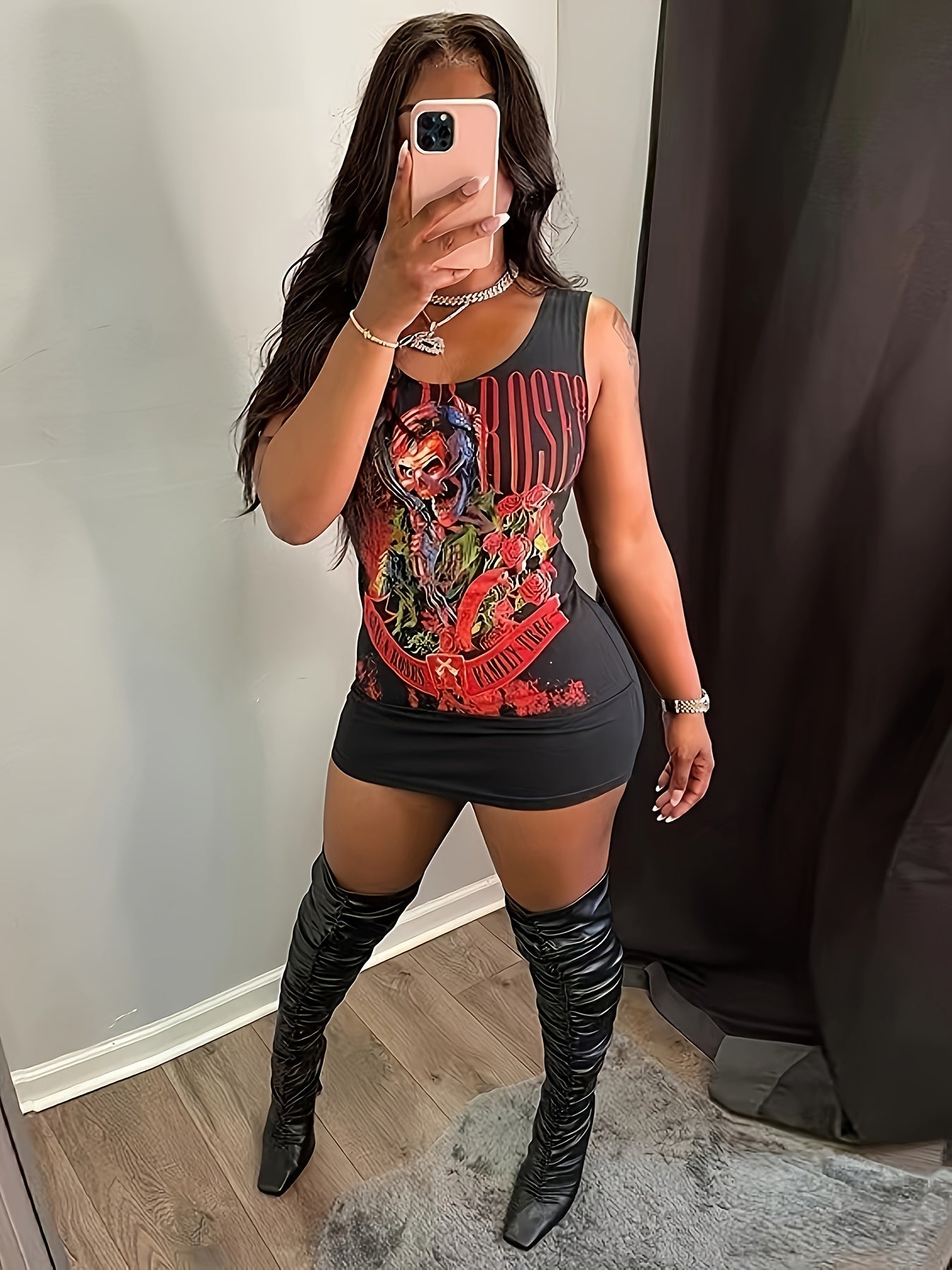 Women'S Summer Cartoon Print Knit Vest Dress, Casual Scoop Neck Short Sleeve Top with Spandex and Polyester Blend, 95% Polyester 5% Spandex, Lightweight 180g/m² Fabric, Fashionable Adult Clothing
